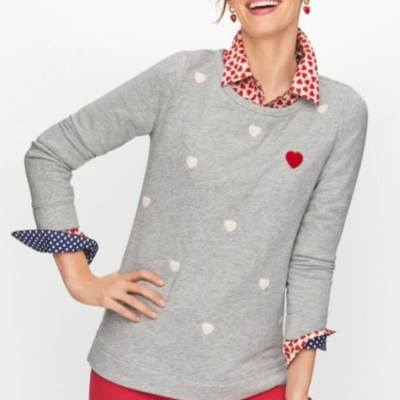 TALBOTS | Gray Long Sleeve Crewneck Sweatshirt with Embroidered Hearts | Size XS - Picture 1 of 13